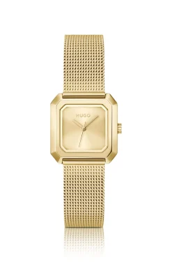 Hazel gold-tone square watch with mesh bracelet
