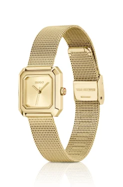 Hazel gold-tone square watch with mesh bracelet