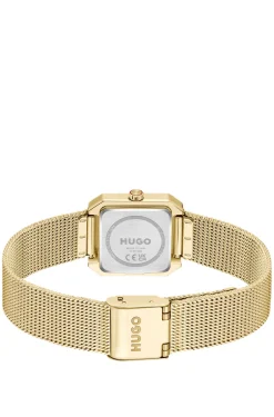 Hazel gold-tone square watch with mesh bracelet