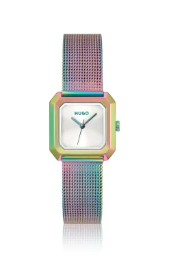 Hazel iridescent square watch with mesh bracelet