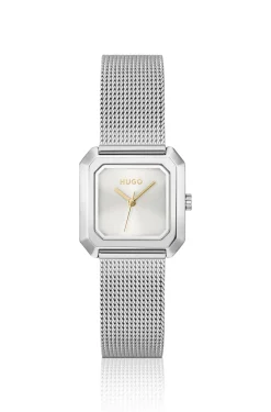 Hazel stainless-steel square watch with mesh bracelet