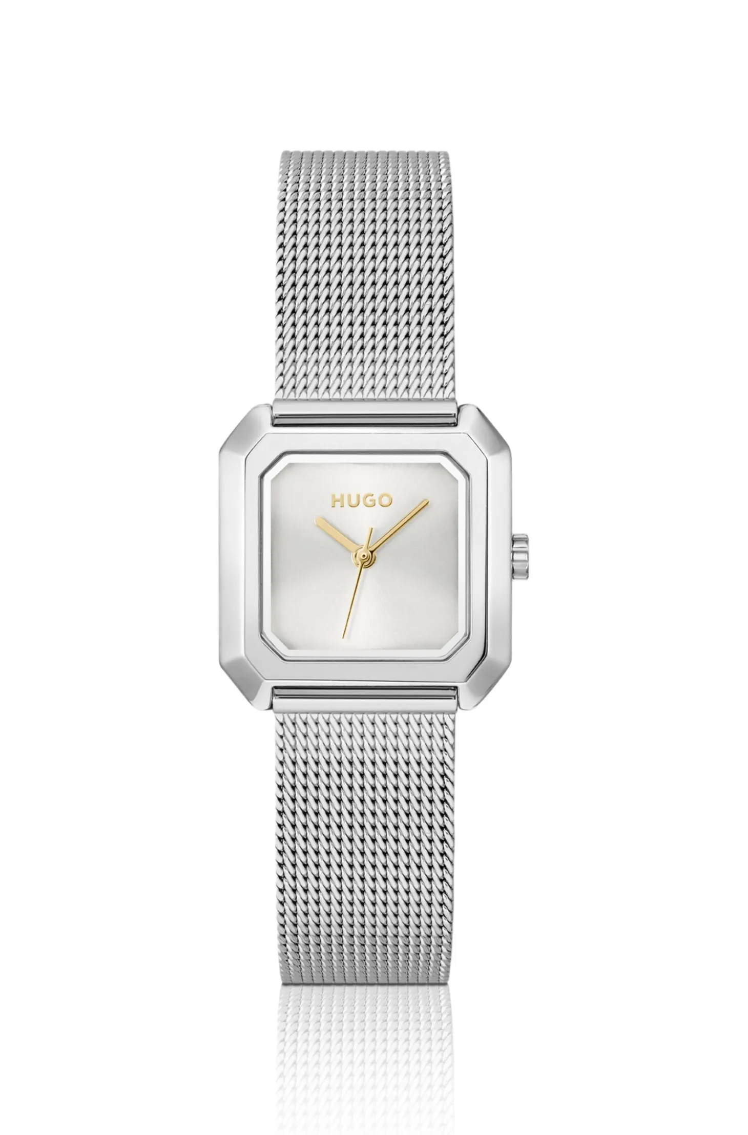 Hazel stainless-steel square watch with mesh bracelet