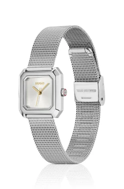 Hazel stainless-steel square watch with mesh bracelet