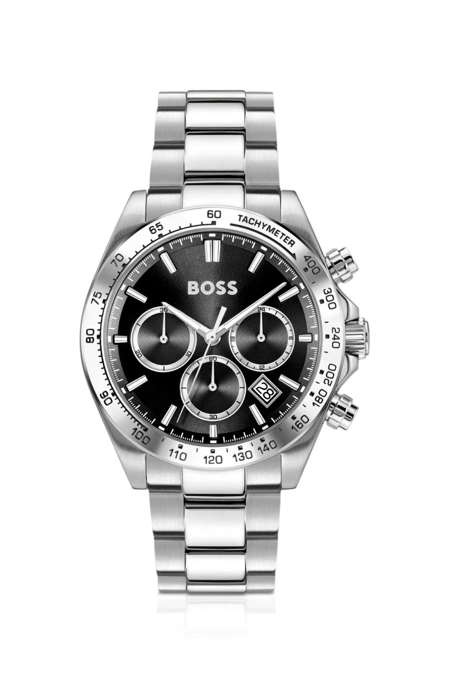 Hero 2.0 Black-dial chronograph watch with steel bracelet