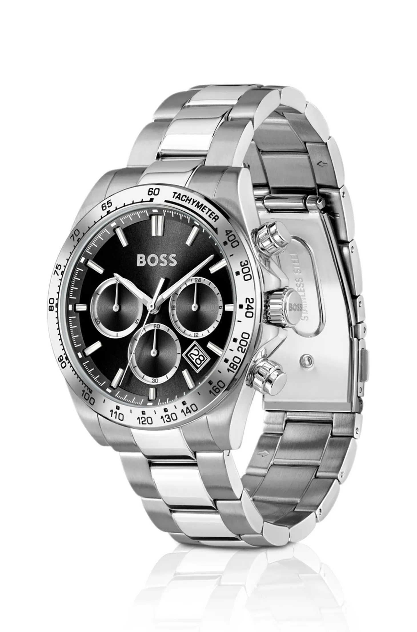 Hero 2.0 Black-dial chronograph watch with steel bracelet