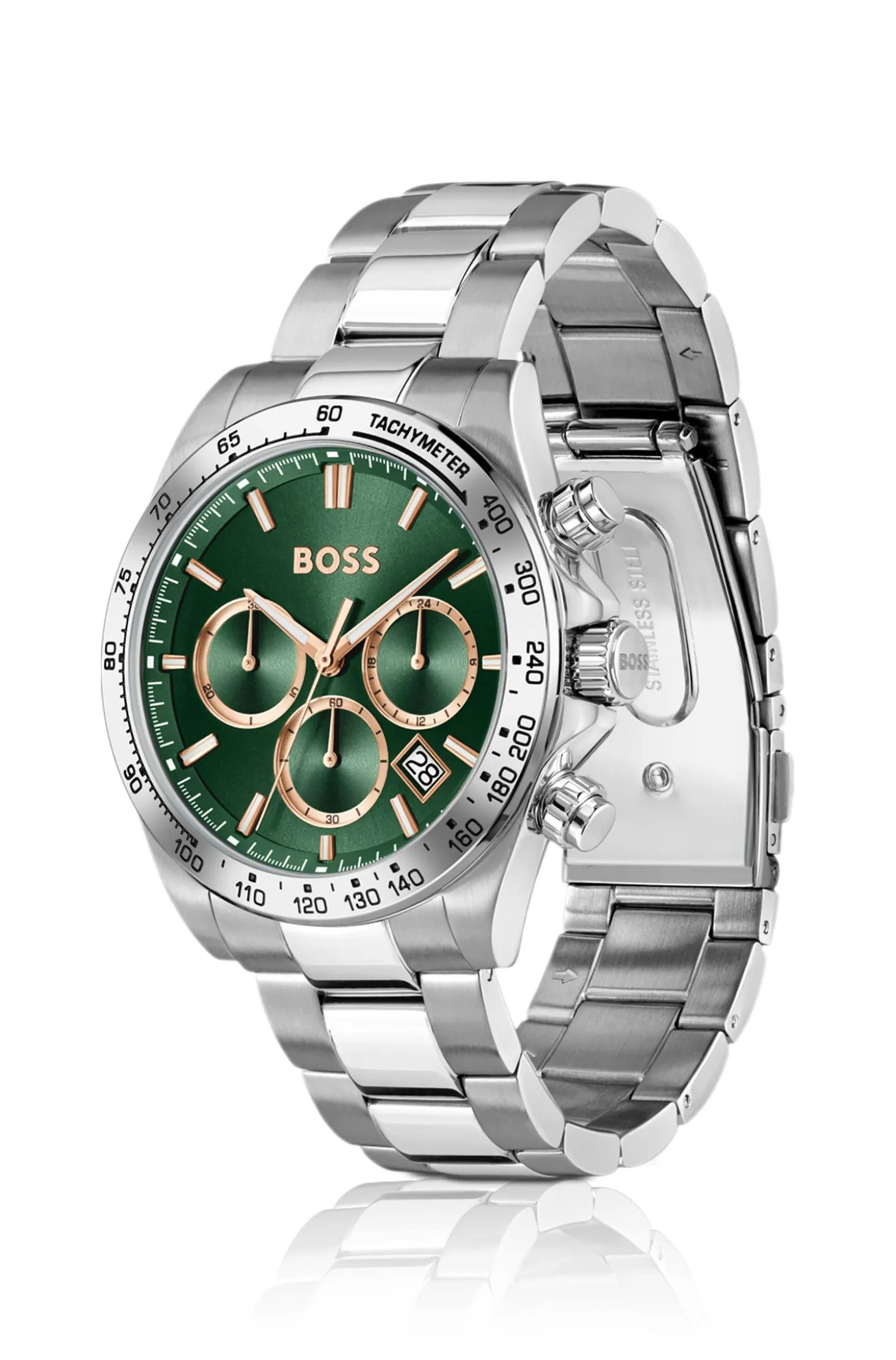 HERO 2.0 Green-dial chronograph watch with steel bracelet