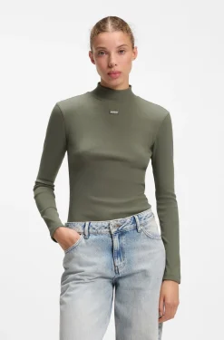 High-neck stretch-cotton top with logo badge
