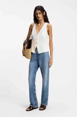 High-waisted regular-fit jeans in blue rigid denim
