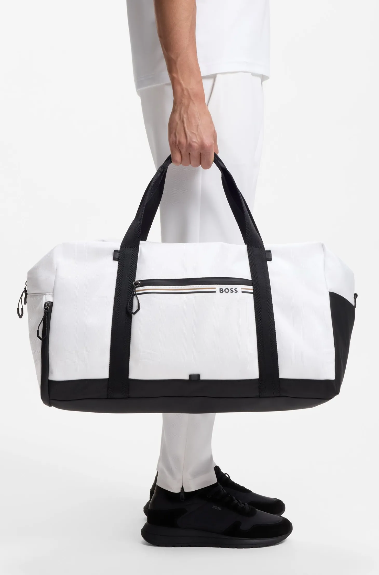 Holdall in structured fabric with logo and signature stripe