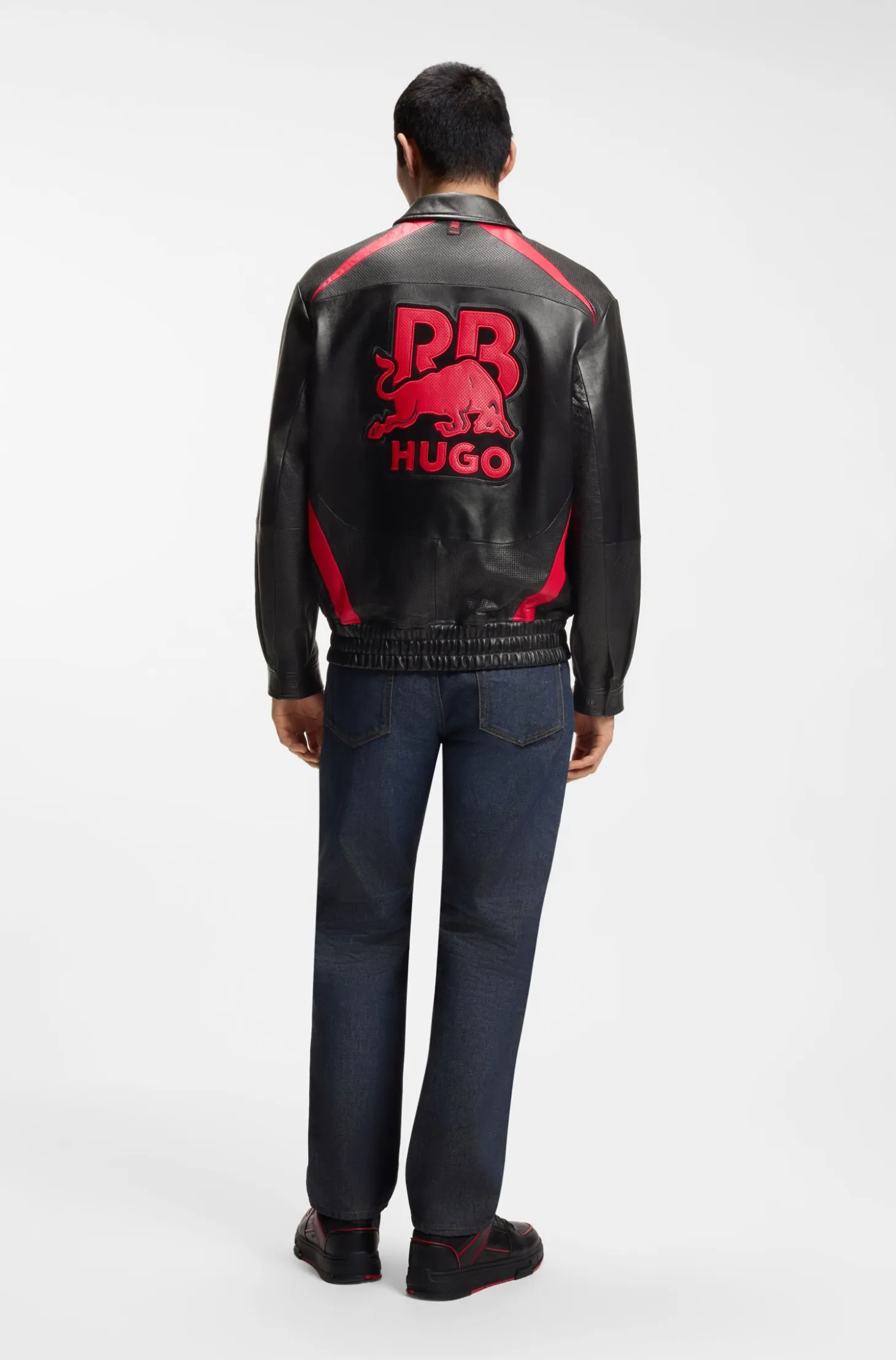 HUGO x RB leather jacket with bull motifs