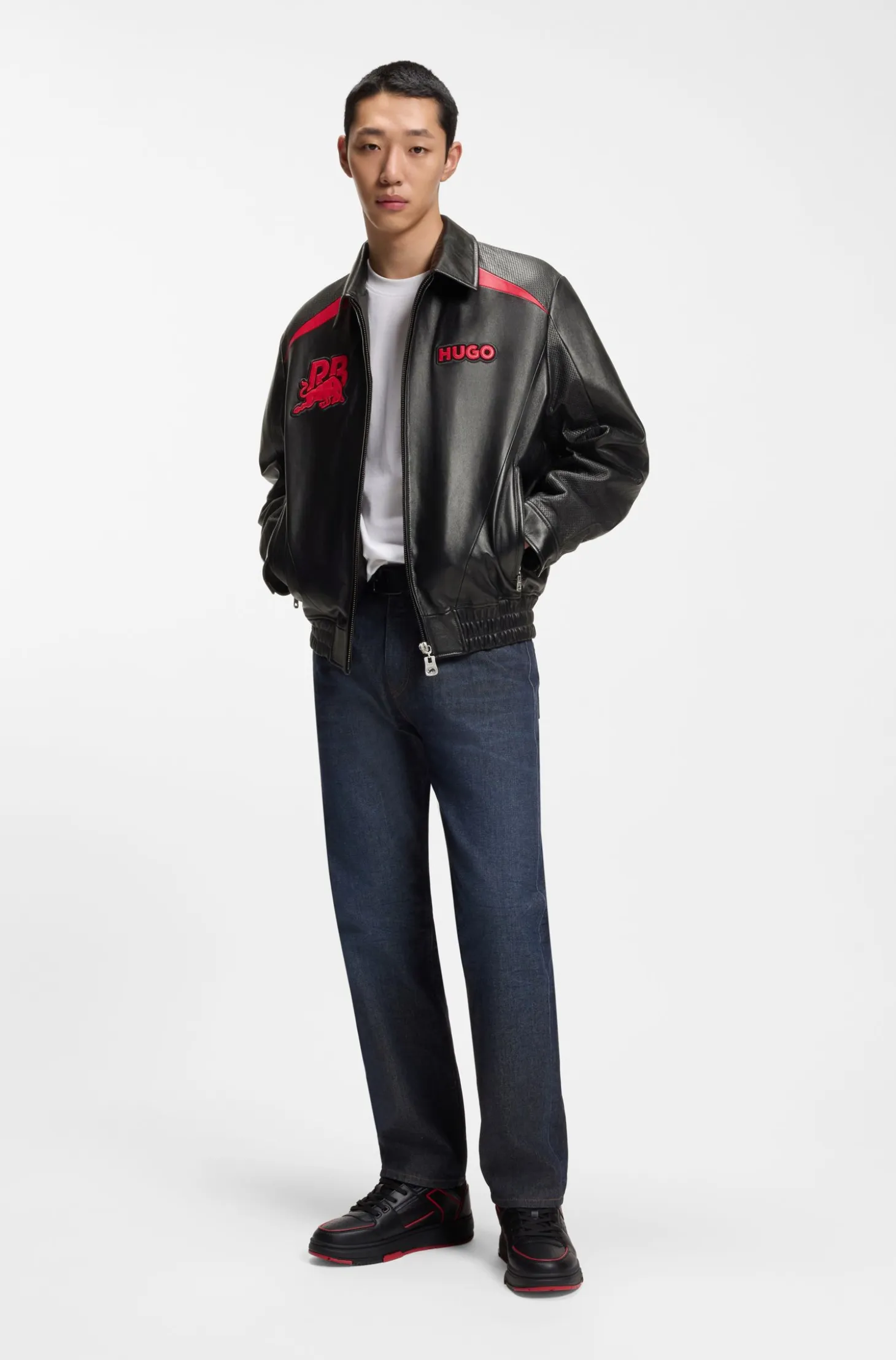 HUGO x RB leather jacket with bull motifs