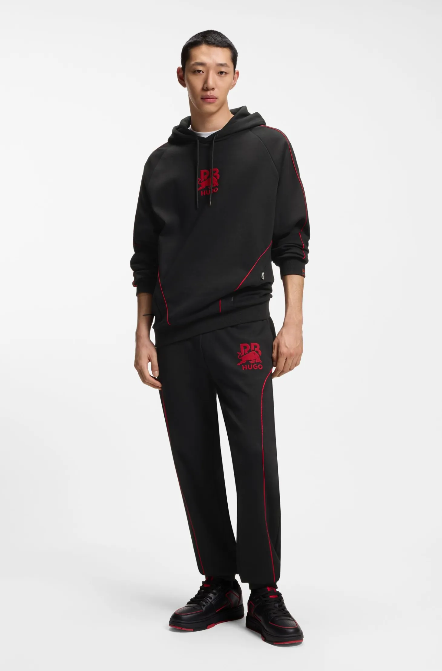 HUGO x RB stretch-cotton tracksuit bottoms with bull motif