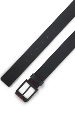 Italian-leather belt with angular logo buckle