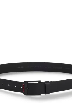 Italian-leather belt with angular logo buckle