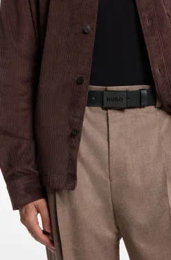 Italian-leather belt with logo plaque buckle
