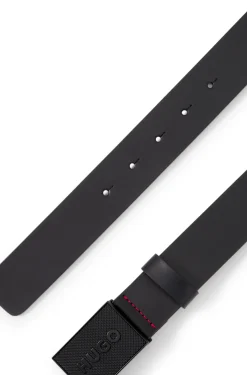 Italian-leather belt with logo plaque buckle