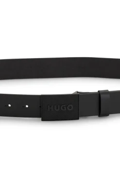 Italian-leather belt with logo plaque buckle