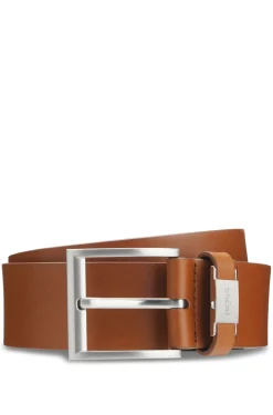 Italian-leather belt with logo keeper and brushed hardware
