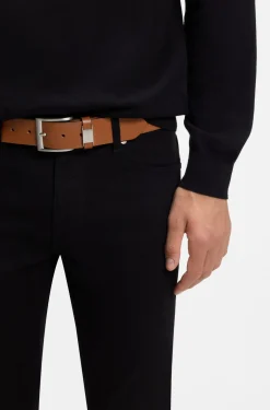 Italian-leather belt with logo keeper and brushed hardware