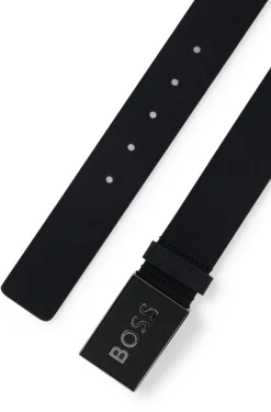 Italian-leather belt with logo-plaque buckle