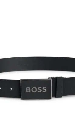 Italian-leather belt with logo-plaque buckle
