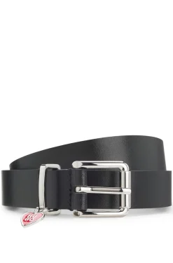 Italian-leather belt with stacked-logo keeper charm