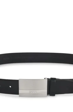 Italian-made leather belt with engraved plaque buckle
