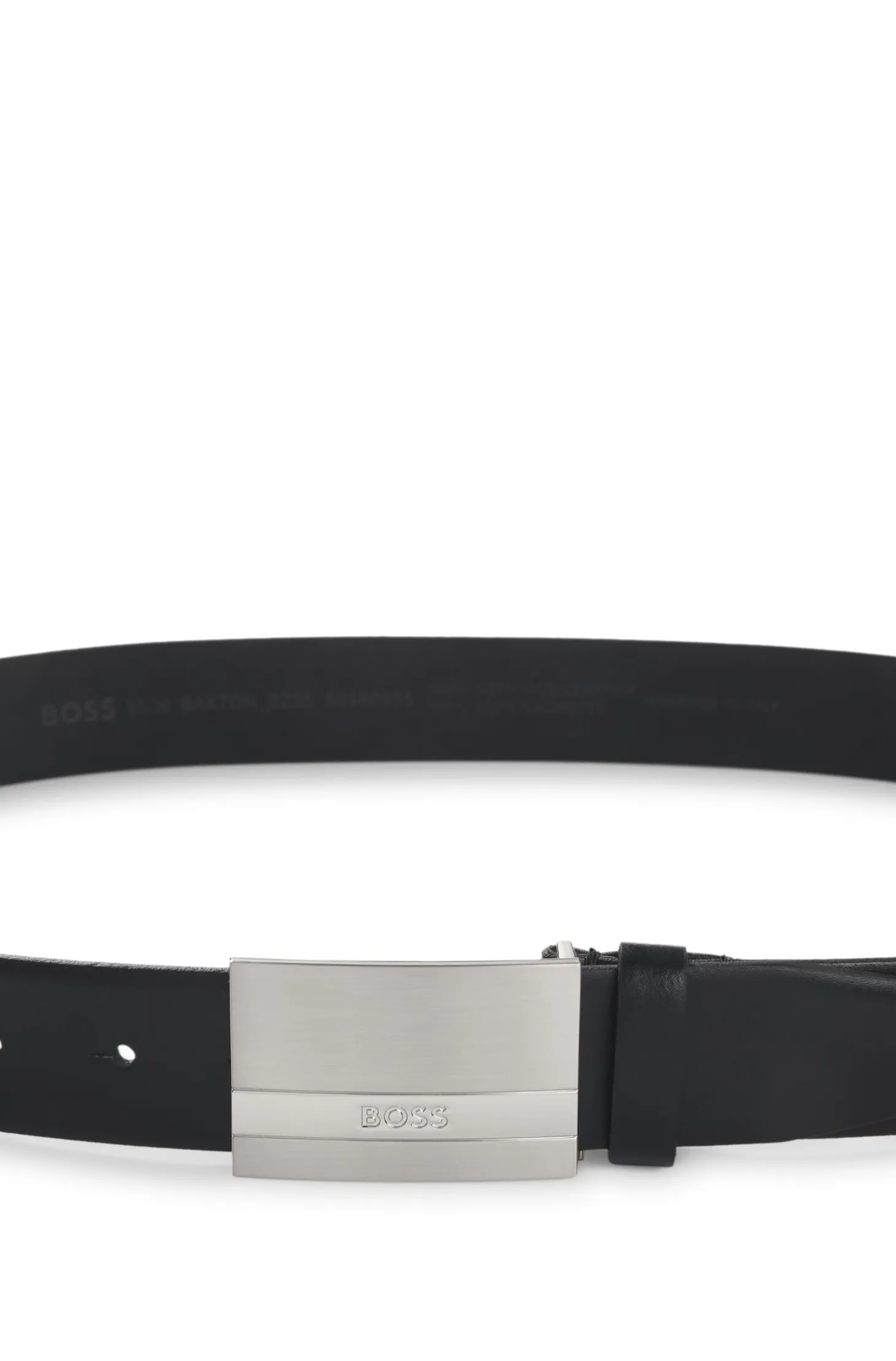 Italian-made leather belt with engraved plaque buckle