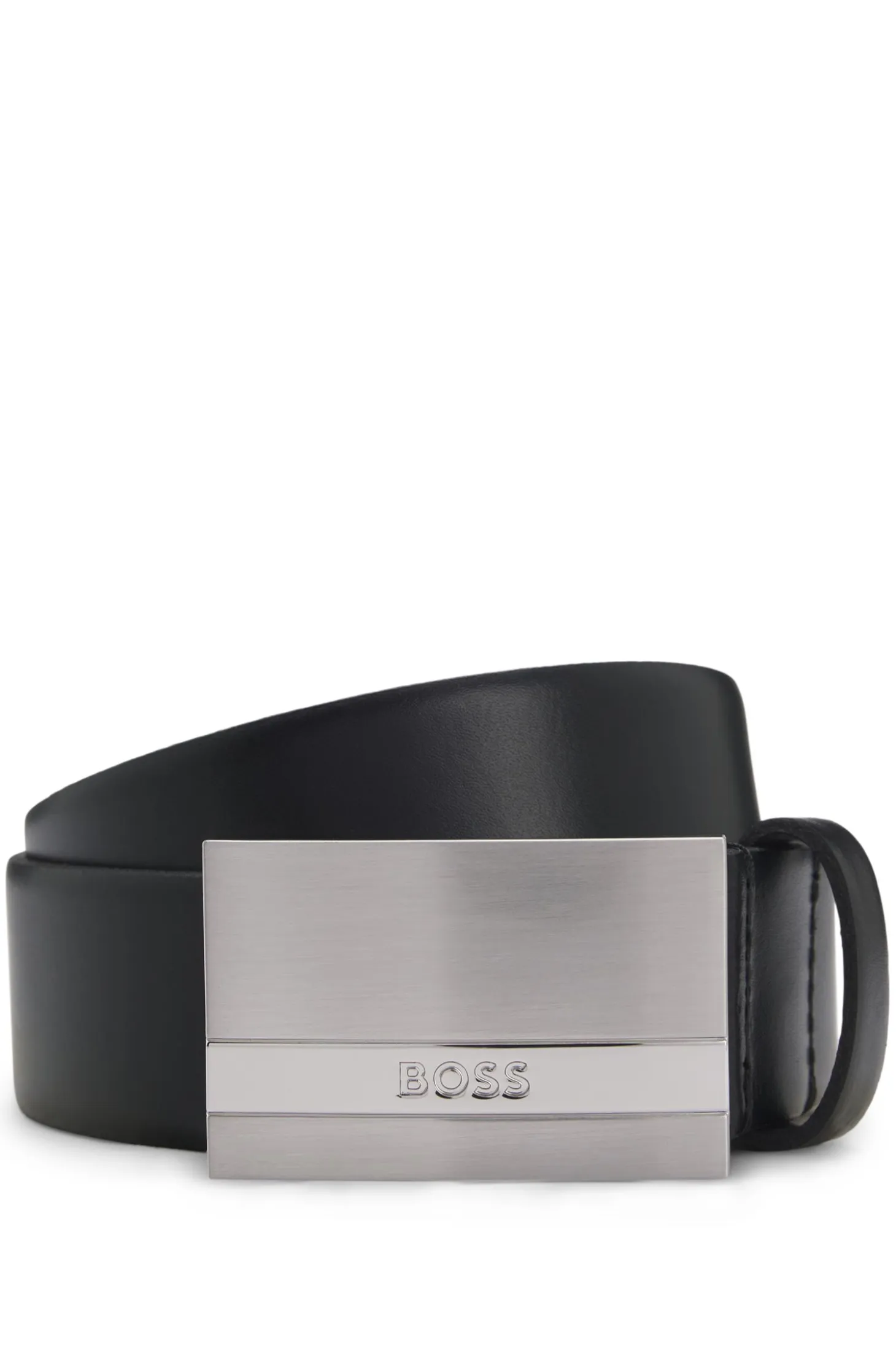 Italian-made leather belt with engraved plaque buckle
