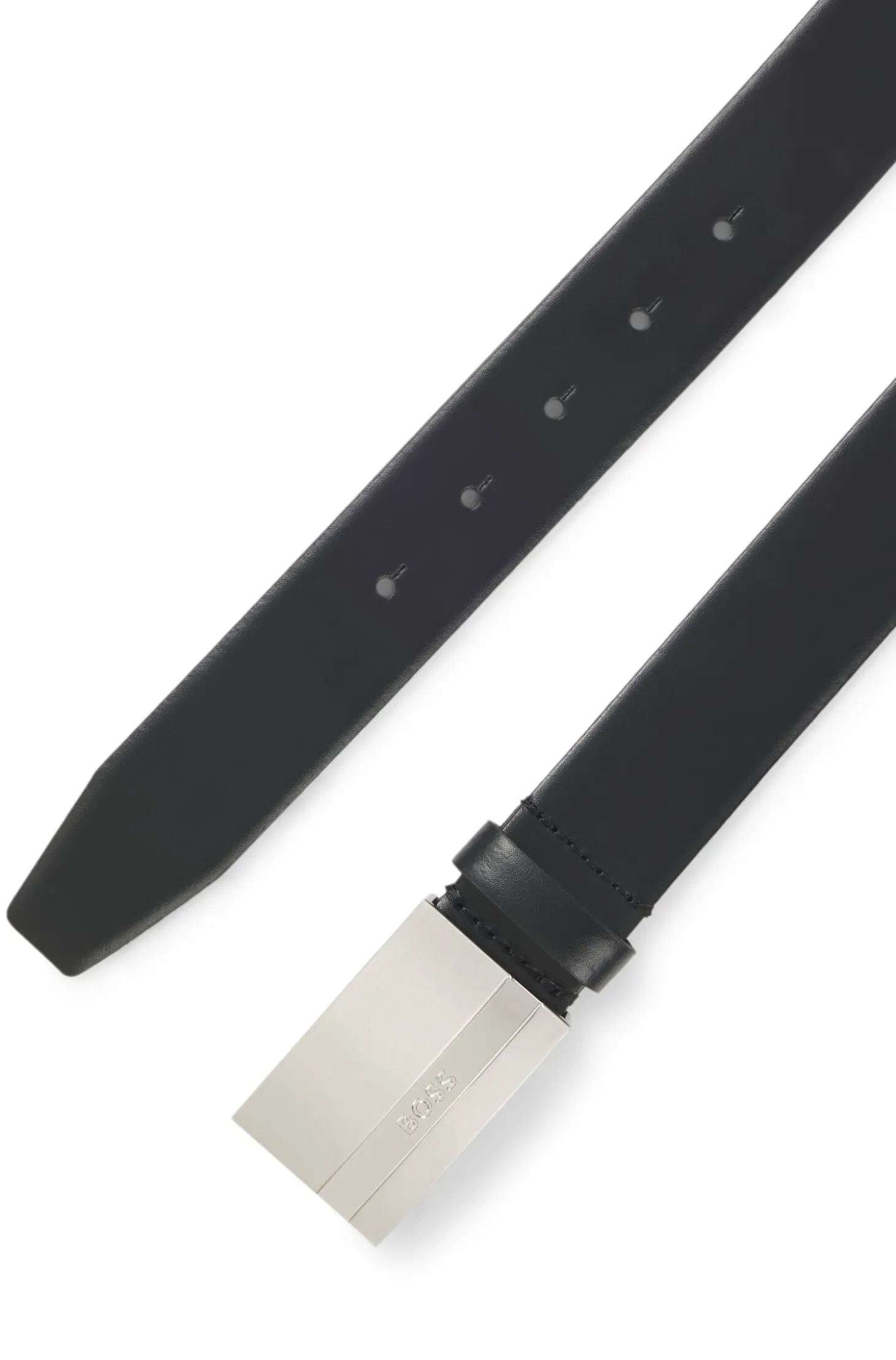 Italian-made leather belt with engraved plaque buckle