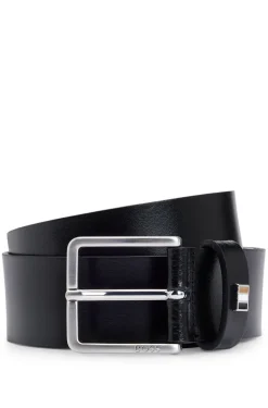 Italian-made leather belt with signature-stripe trim