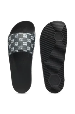 Italian-made slides with stacked-logo strap