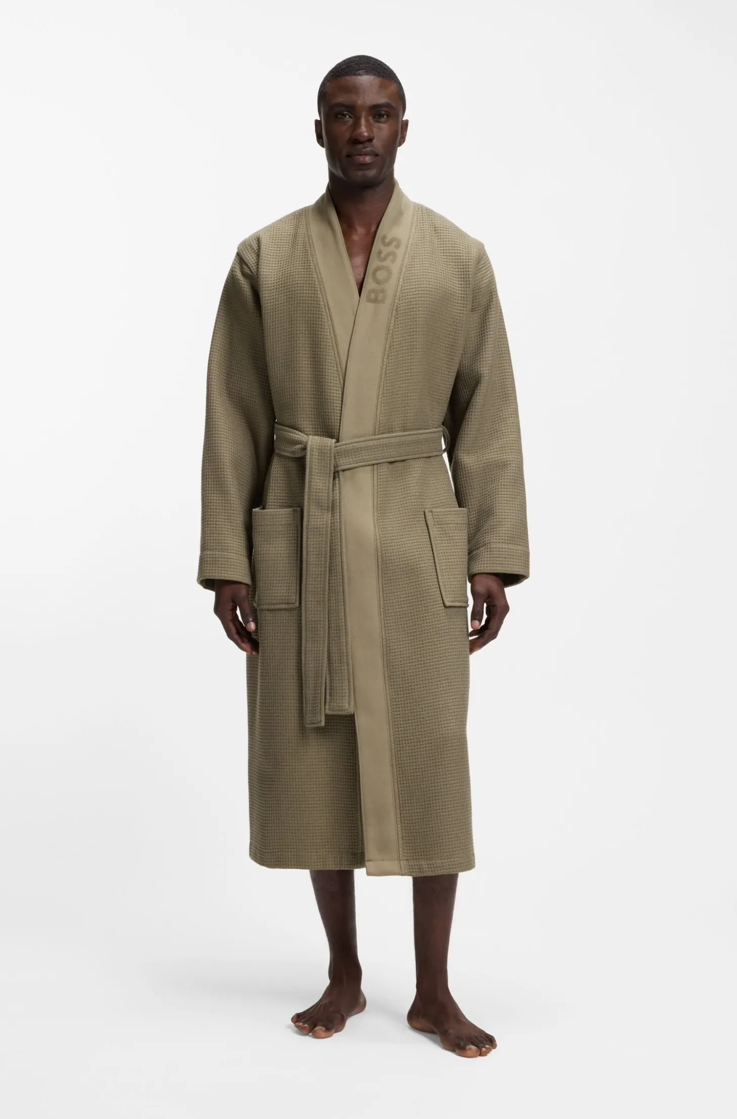 Jacquard cotton-blend gown with logo lapel