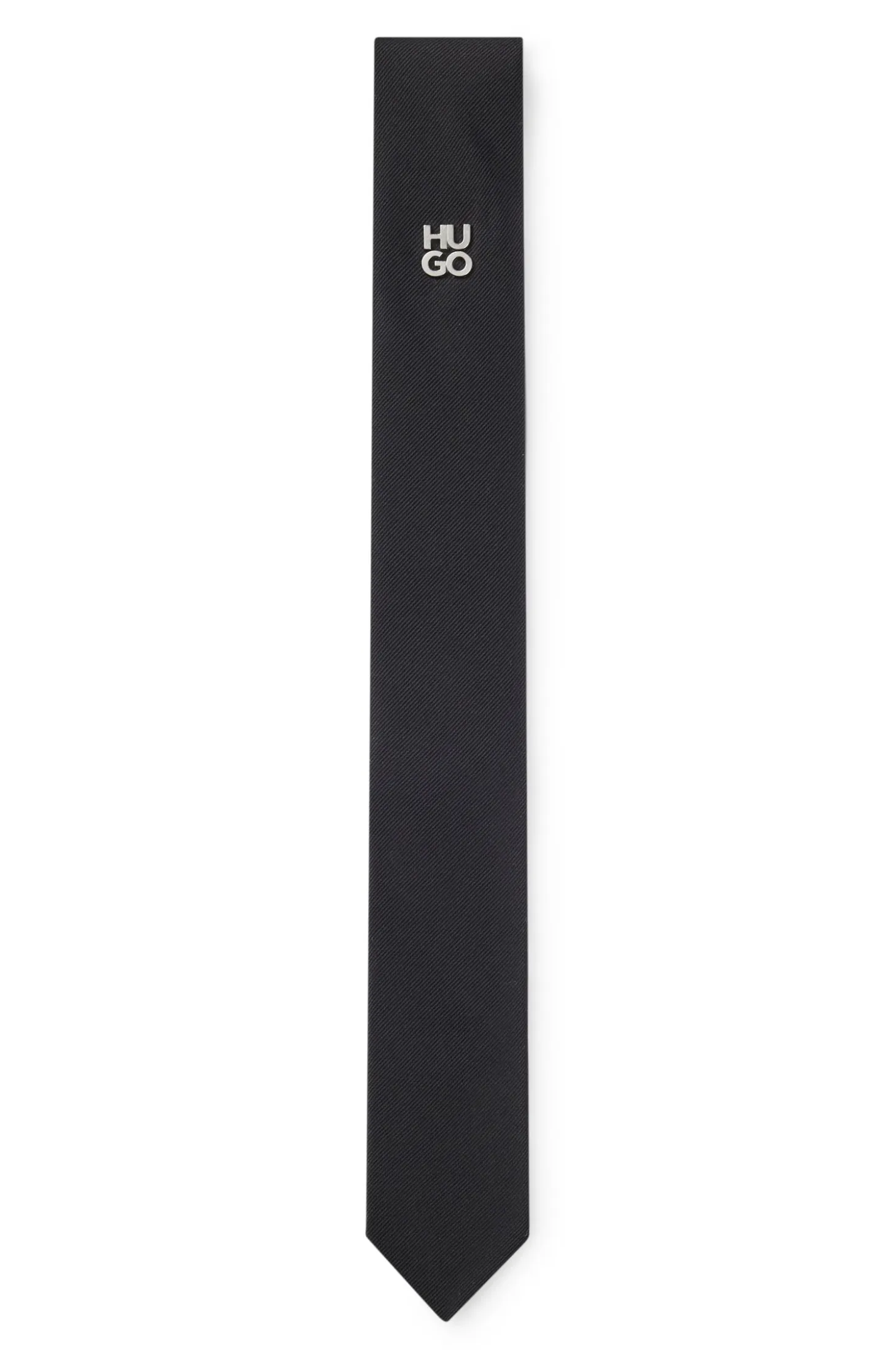 Jacquard-woven tie with metallic stacked-logo trim