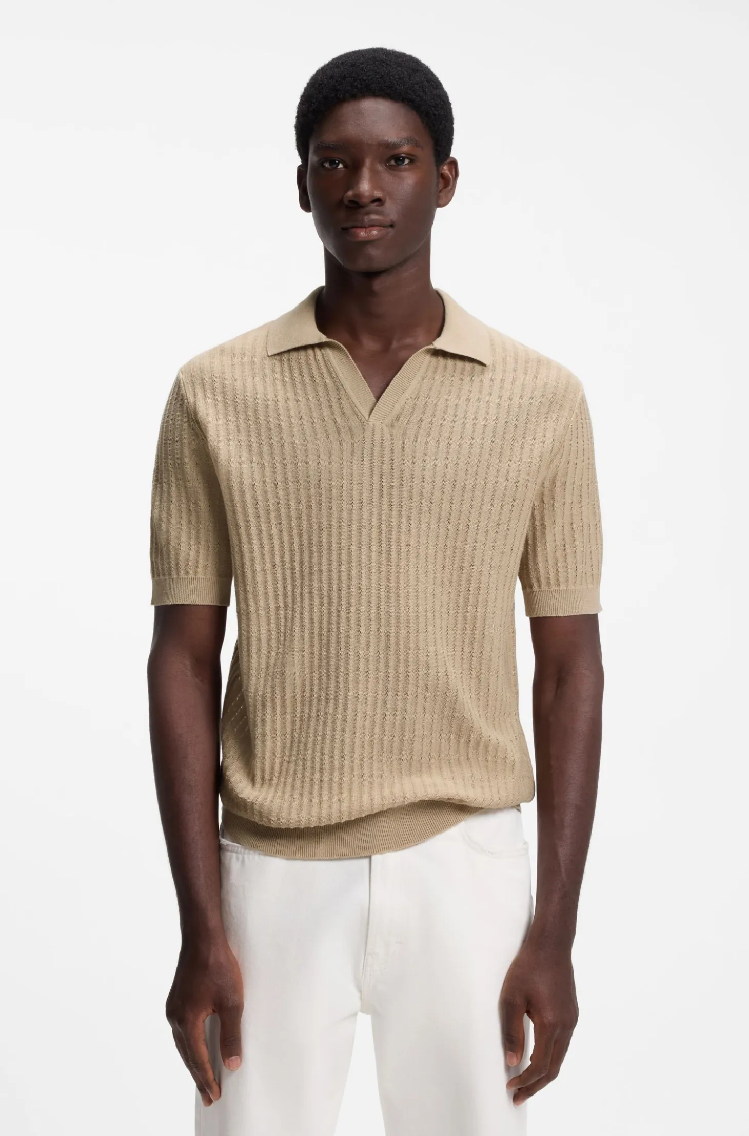 Johnny-collar knit polo in a cotton-linen jacquard