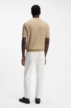 Johnny-collar knit polo in a cotton-linen jacquard