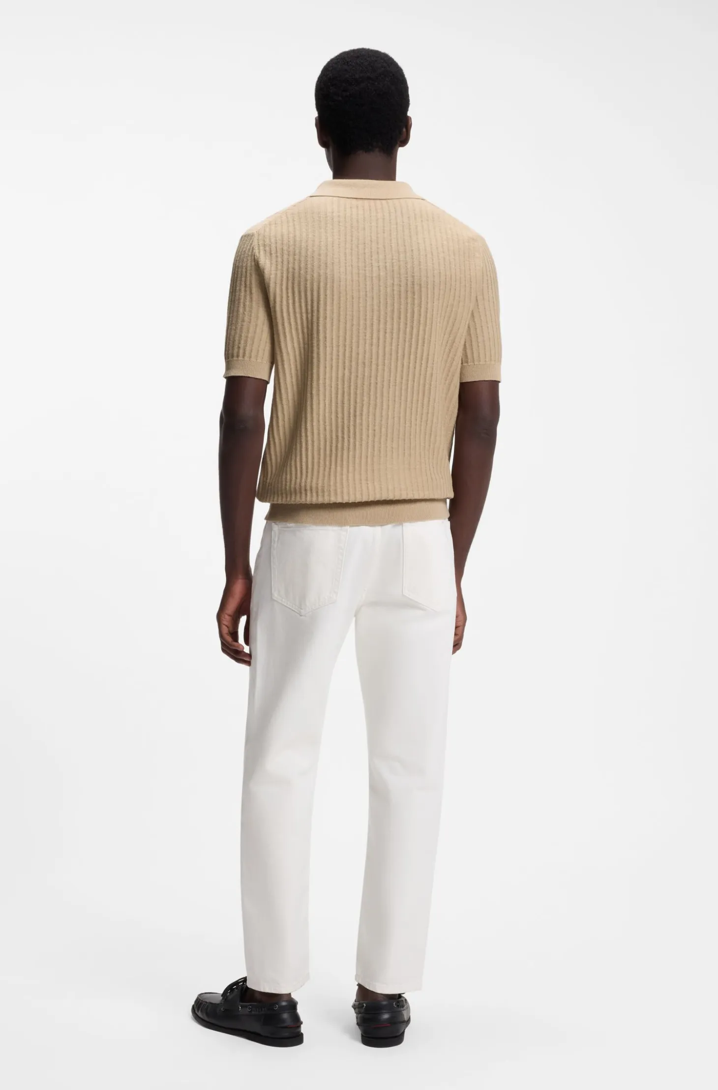 Johnny-collar knit polo in a cotton-linen jacquard