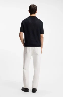 Johnny-collar knit polo in a cotton-linen jacquard