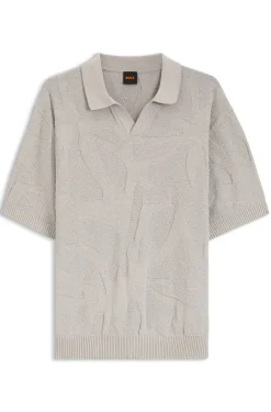 Johnny-collar knit polo with graphic pattern