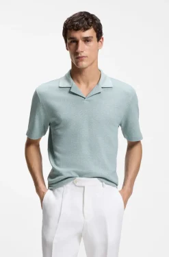 Johnny-collar polo shirt in cotton, linen and silk