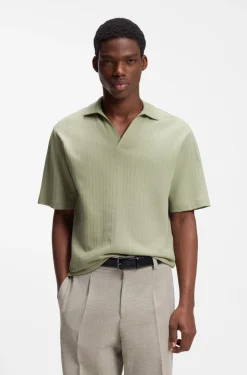Johnny-collar polo shirt with jacquard stripe