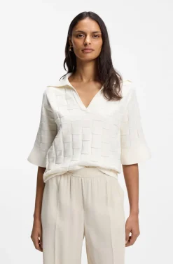 Johnny-collar sweater with check texture