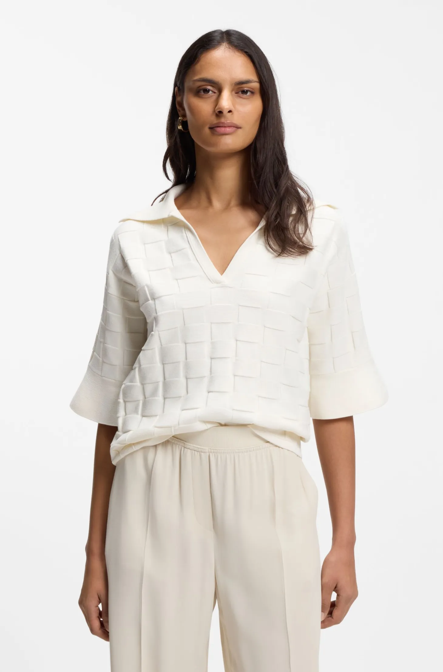 Johnny-collar sweater with check texture