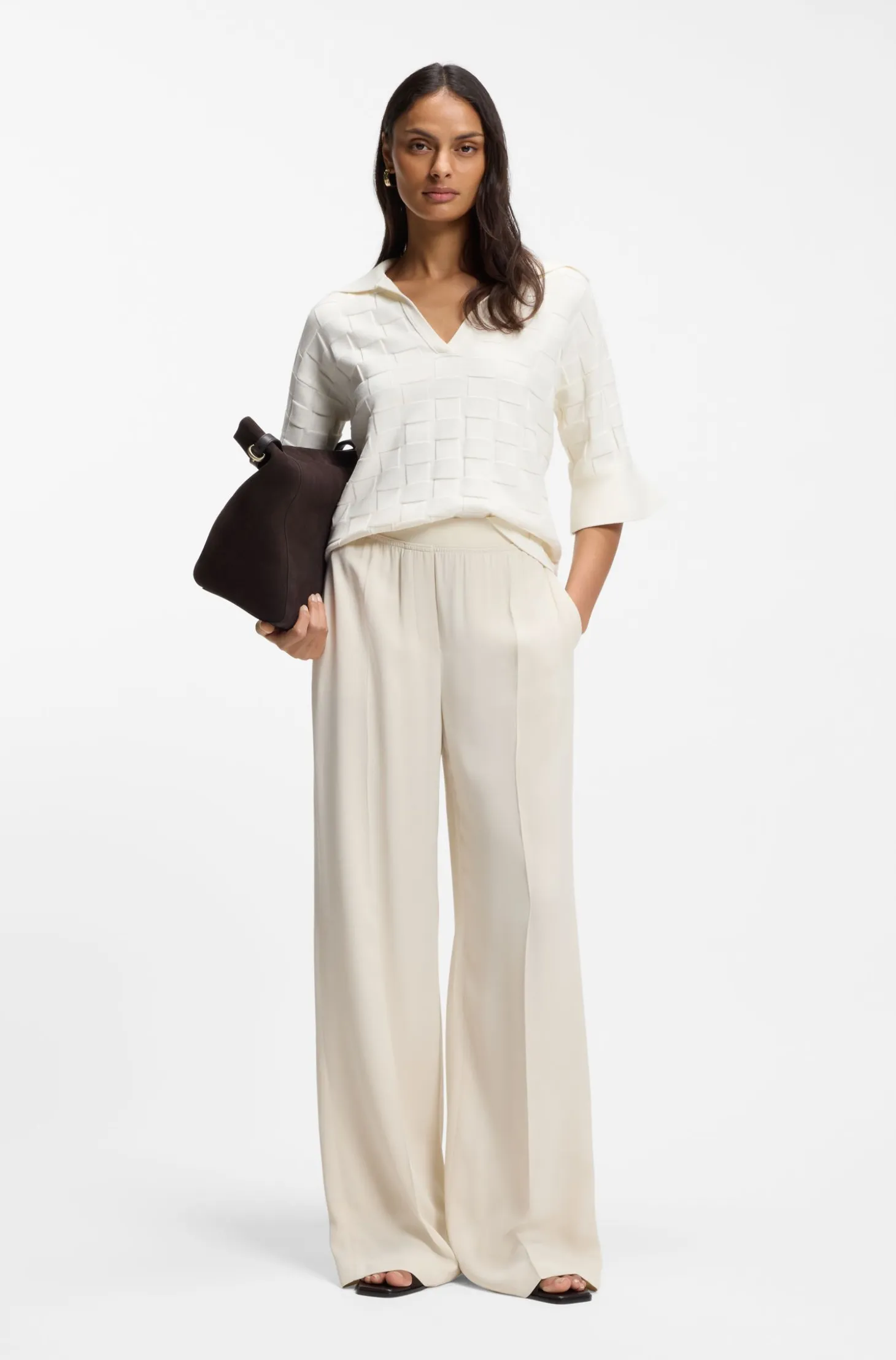 Johnny-collar sweater with check texture