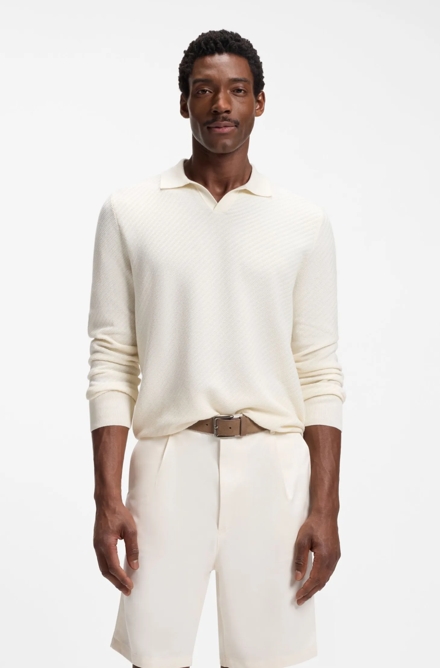 Knitted-cotton sweater with Johnny collar