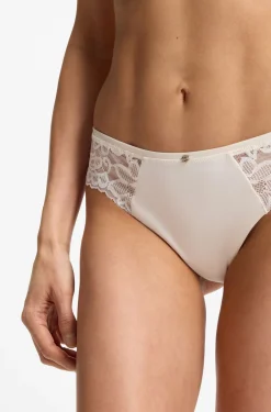 Lace briefs with mesh pleating and gold charm