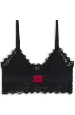 Lace-trim bra with red logo label