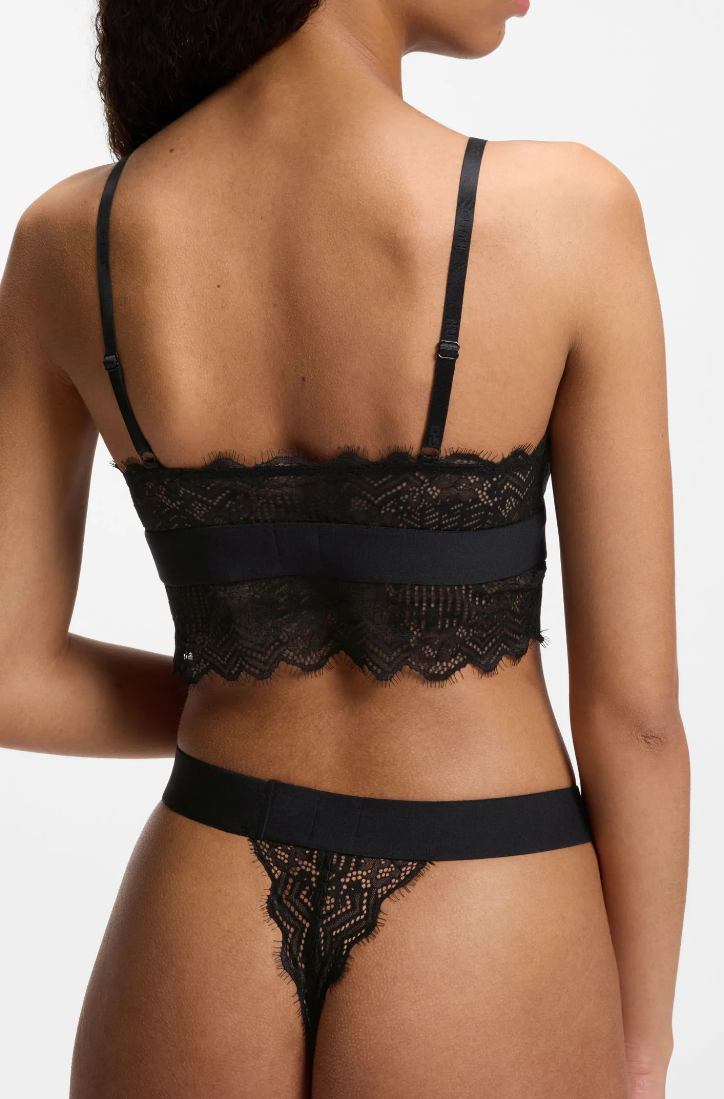 Lace-trim bra with red logo label