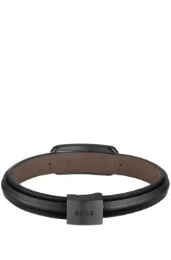 Layered leather cuff with branded black metallic link