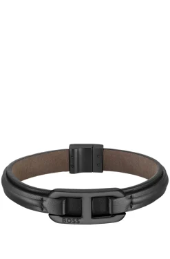 Layered leather cuff with branded black metallic link